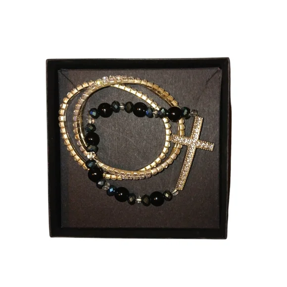 NWOT 3 Piece Stretch Bracelet Set, Silver Crystal Cross - Picture 1 of 8